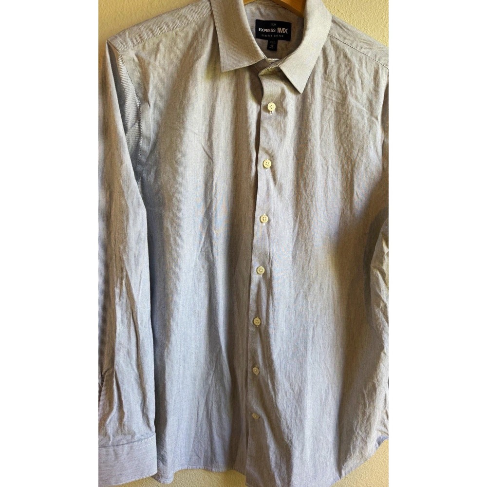 Express 1MX Men's M 15-15 1/2 White/Black Striped Slim Stretch Dress Shirt